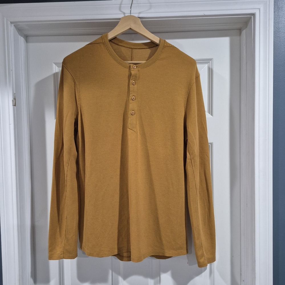 Lululemon Henley Shirt Mens Large Fools Gold Shift Stitch Waffle Knit Thermal